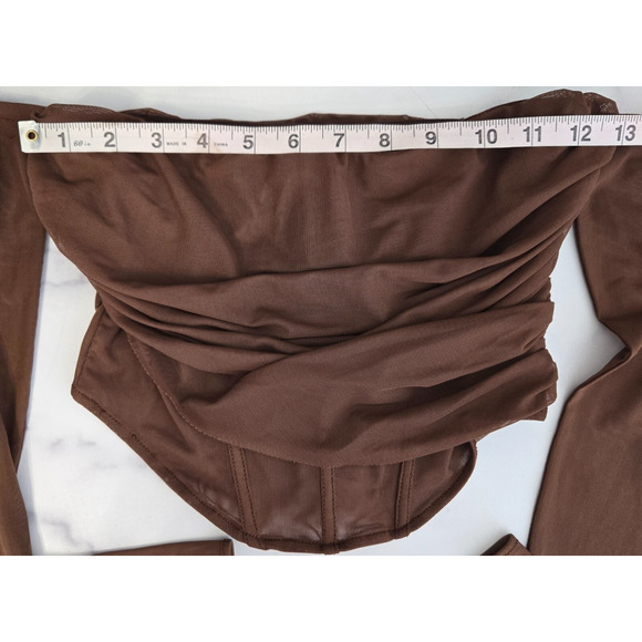Zara Corset Top Womens Medium Brown Mesh Sheer Cropped Ruched Off Shoulder Y2K - Picture 11 of 12